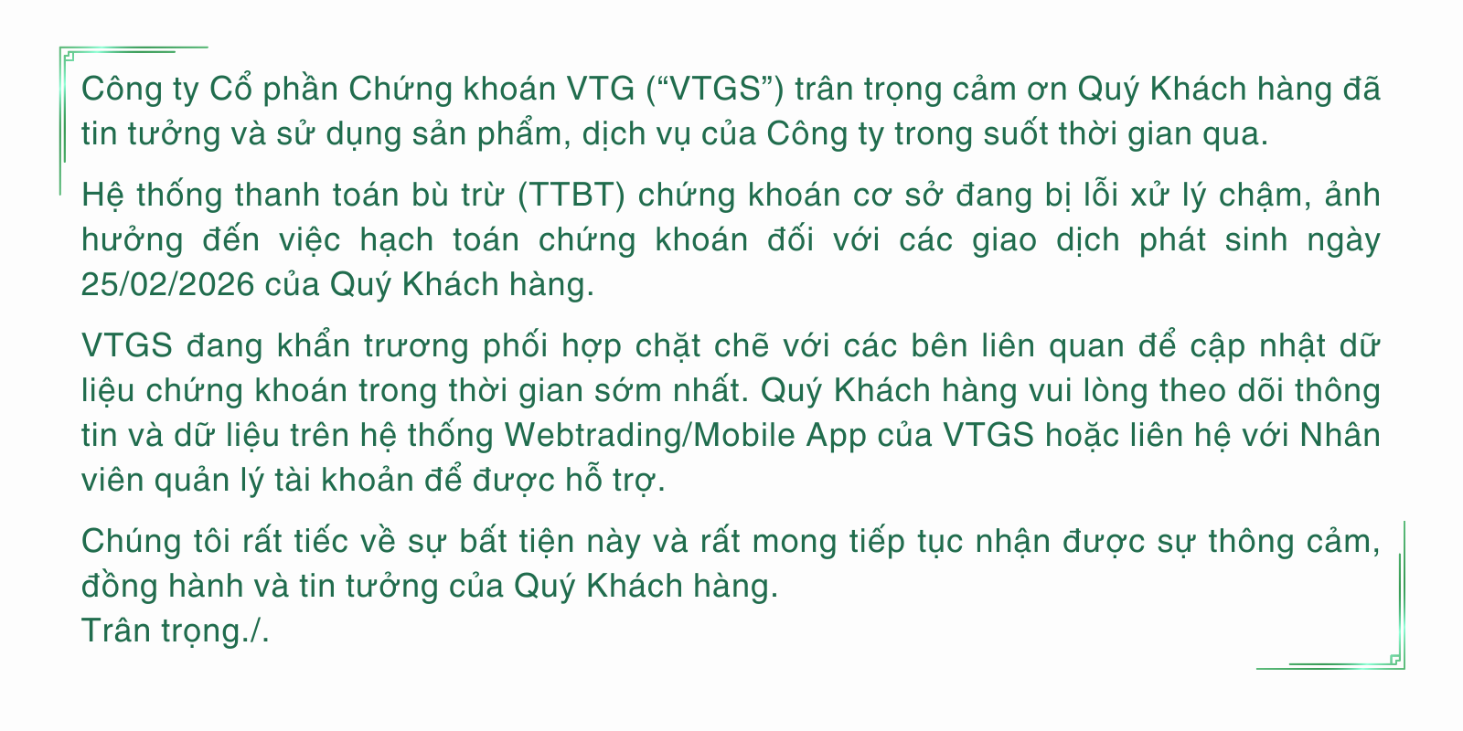 Thông báo về việc chậm thanh toán bù trừ chứng khoán cơ sở ngày 27/02/2026