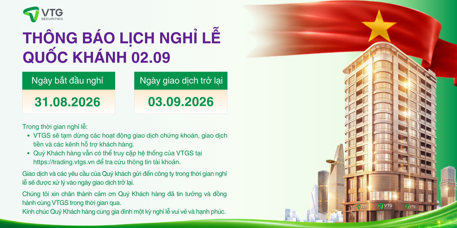 Thông báo lịch nghỉ lễ Quốc Khánh 02.09